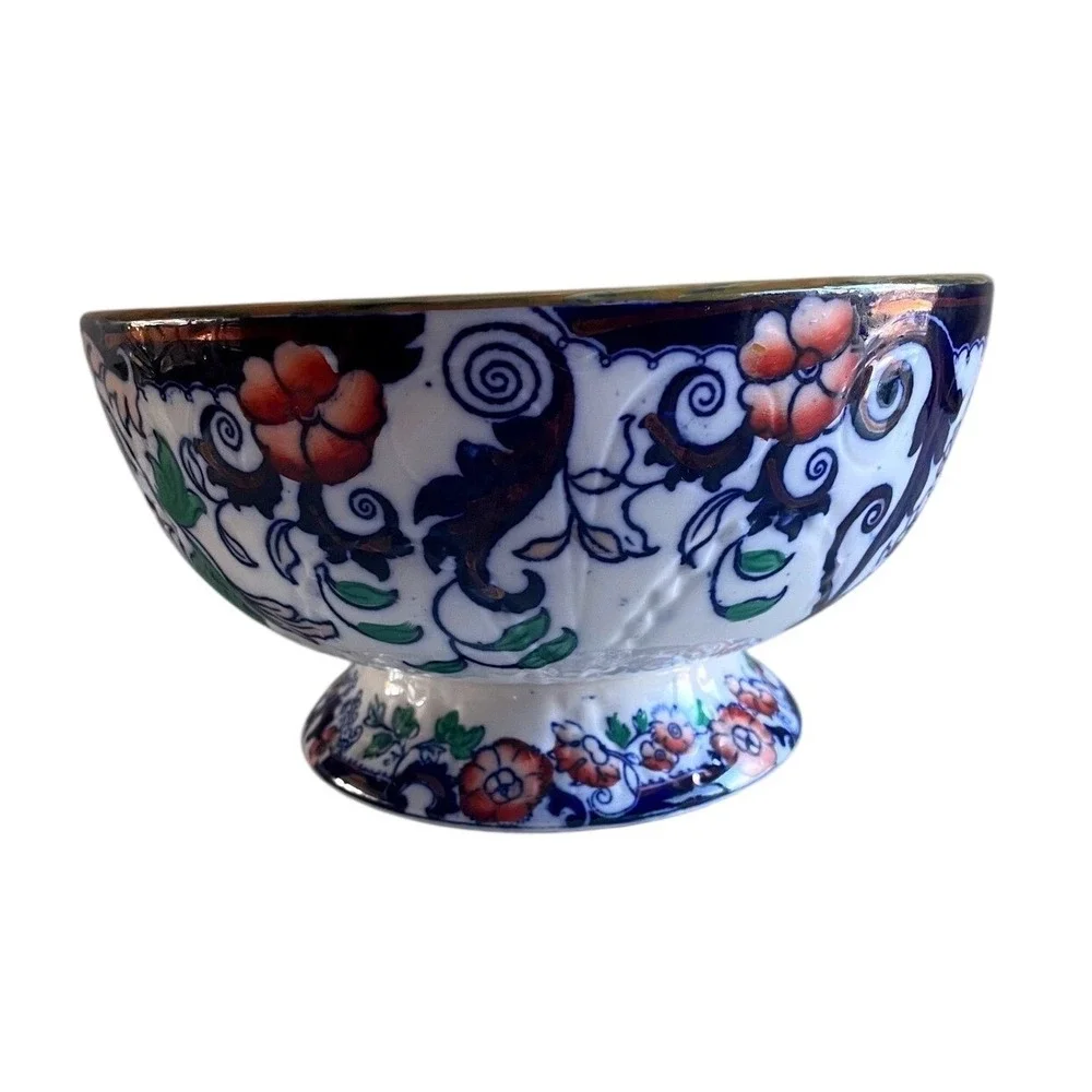 Antique 1800s Amherst Japan Ironstone Pedestal Bowl Imari Inspired Pattern White